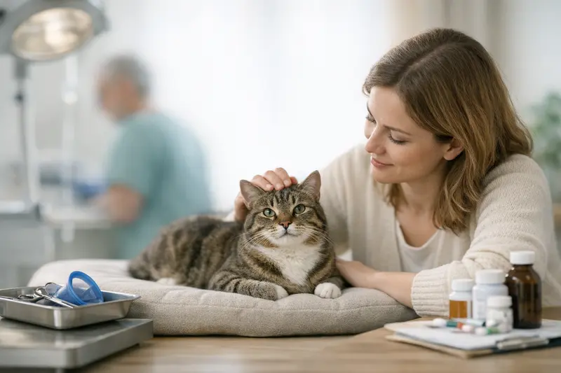 Tierarztbesuch einer Katze zur Absicherung der Gesundheit Eine Katze bei einem Tierarztbesuch, die untersucht wird.
