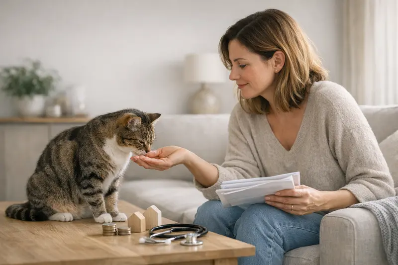 Ein glücklicher Katze mit einer Tierarztkarte, die die Bedeutung einer passenden Katzenversicherung unterstreicht.