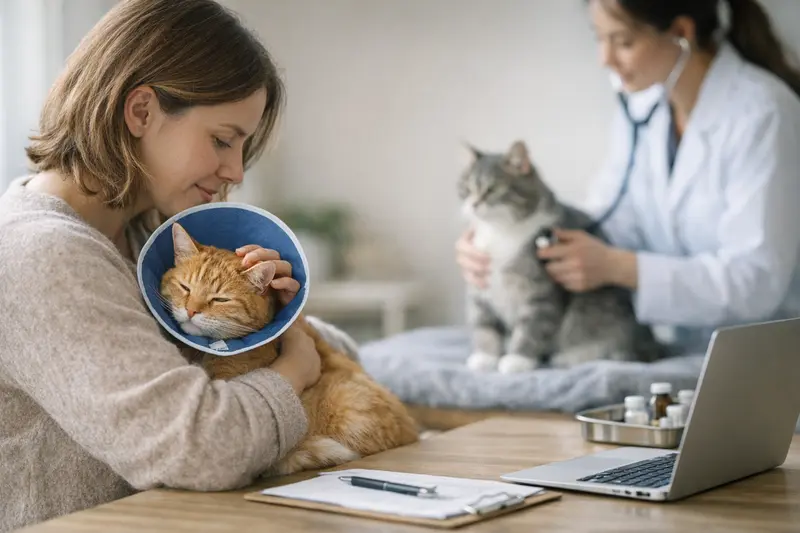 Eine Katze untersucht einen Tierarzt, während Informationen zur OP-Versicherung und Krankenversicherung angezeigt werden.