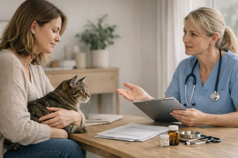 Wichtige Aspekte vor Vertragsabschluss einer Katzenversicherung Eine Katze betrachtet aufmerksam Dokumente zu Versicherungsbedingungen.