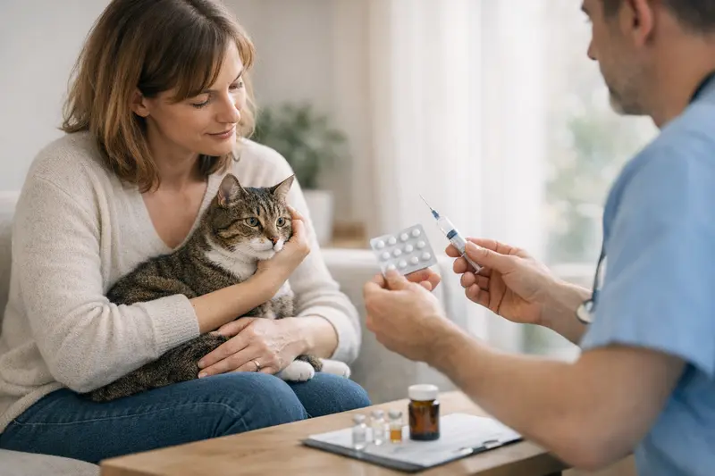 Impfung einer Katze beim Tierarzt Eine Katze beim Tierarzt, während sie eine Impfung erhält, als Teil der Vorsorgeuntersuchung.