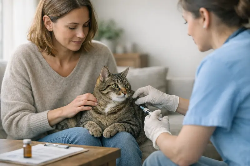 Vorsorgeimpfung für Katzen Tierarzt bei der Impfung einer Katze, die Gesundheitsvorsorge betont.