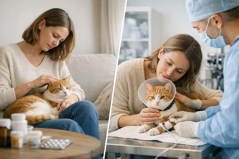 Eine Katze auf dem Tisch beim Tierarzt, während sie auf eine Behandlung wartet.