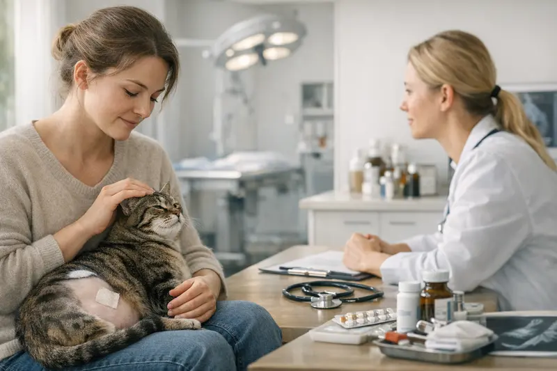 Katzenversicherung: OP vs. Krankenversicherung Eine Katze wird von einem Tierarzt untersucht, um den Unterschied zwischen OP-Versicherung und Krankenversicherung zu erklären.