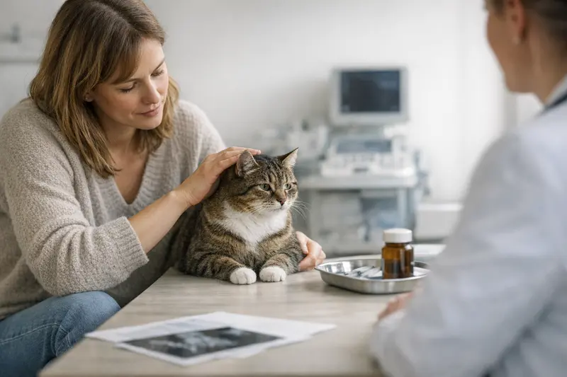 Eine glückliche Katze beim Tierarzt zeigt die Bedeutung einer Katzenversicherung.