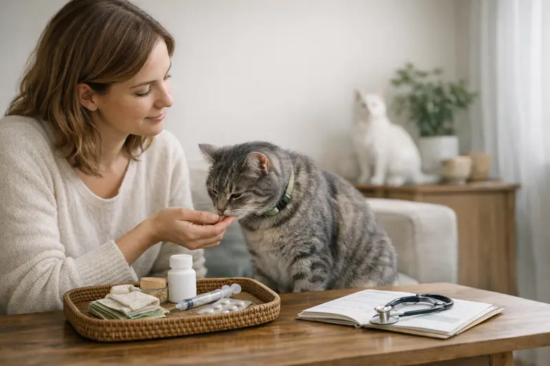 Vorsorgeuntersuchung für Katzen Eine Katze bei der Untersuchung durch einen Tierarzt, um Vorsorgeleistungen zu besprechen.
