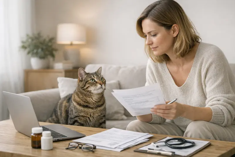 Eine Katze sitzt neugierig neben einem Laptop, auf dem wichtige Tarifdetails einer Katzenversicherung aufgerufen werden.