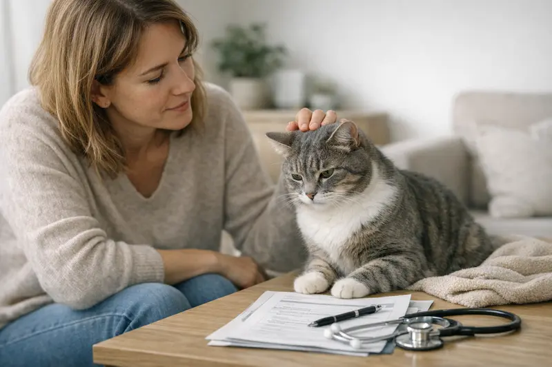 Vorerkrankungen bei Katzenversicherungen Katzenhalterin, die ihrem Tierarzt die Gesundheitsgeschichte ihrer Katze präsentiert.