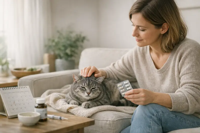Katzengesundheit und Vorsorgeuntersuchungen Eine gesund aussehende Katze beim Tierarzt zur Vorsorgeuntersuchung.