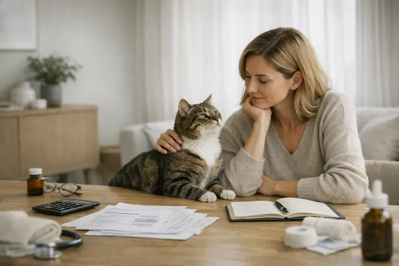 Wichtige Tarifdetails für Katzenversicherungen Eine Katze bei einer Tierarztuntersuchung, umgeben von Versicherungsunterlagen.