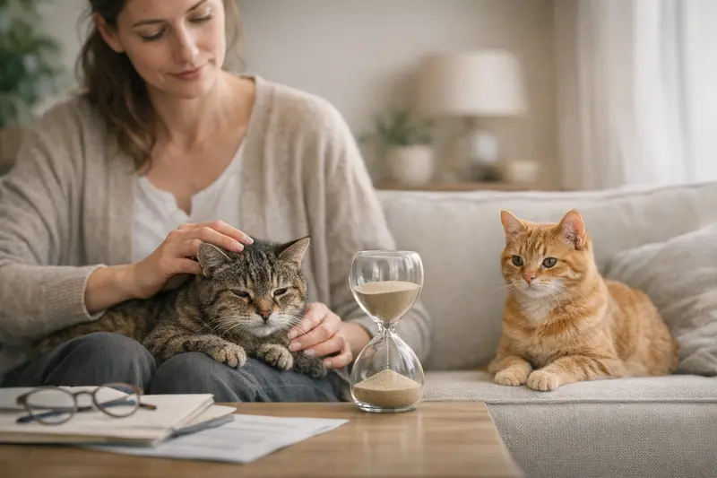 Einfluss des Katzenalters auf die Versicherung Ältere Katze, die entspannt auf einem Kissen liegt, während im Hintergrund über Absicherung und Kosten diskutiert wird.