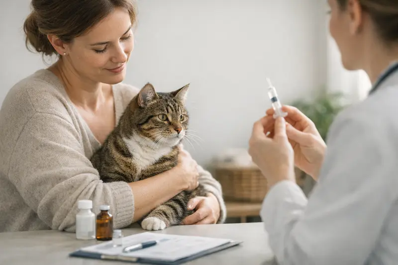 Katzenversicherung und Impfungen Katze beim Tierarzt zur Impfung, symbolisiert Vorsorgeleistungen einer Katzenversicherung.