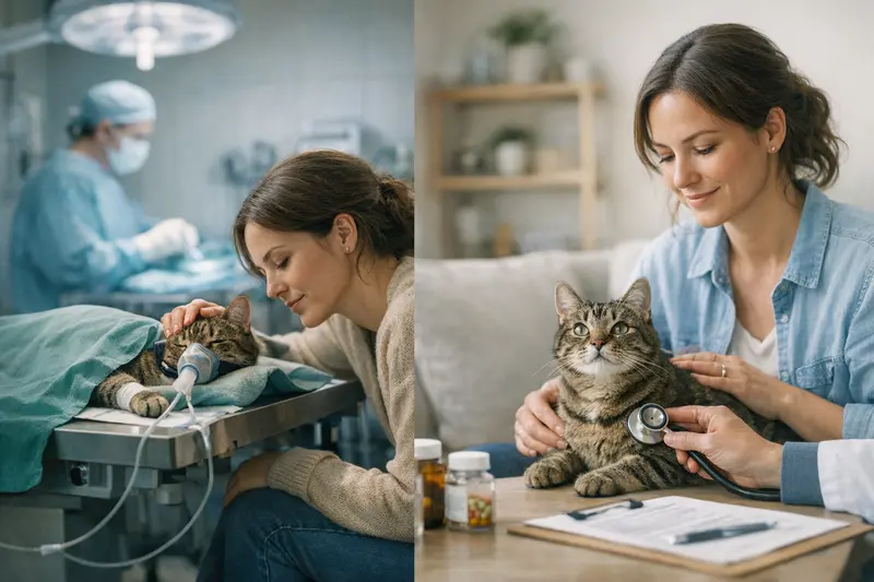 Eine Katze wird von einem Tierarzt untersucht, um den Unterschied zwischen OP- und Krankenversicherung zu verdeutlichen.
