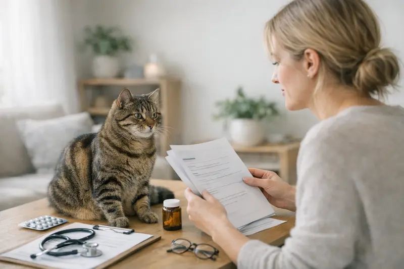 Eine Katze sitzt nachdenklich in einem Raum, umgeben von Dokumenten zur Katzenversicherung.