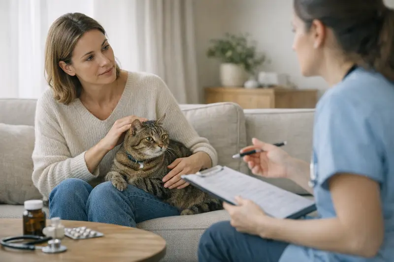 Vorerkrankungen und Katzenversicherung Illustration einer Katze, die Arztanweisungen erhält, um die Bedeutung von Vorerkrankungen beim Versicherungsschutz zu verdeutlichen.