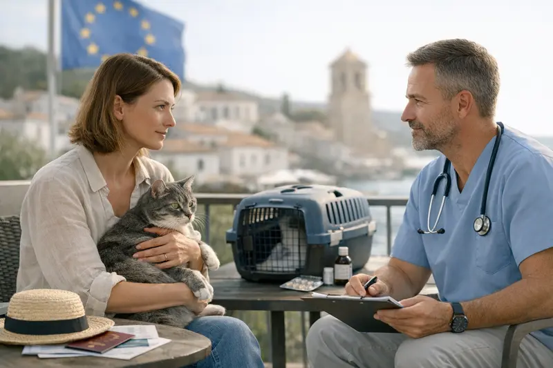 Katzenversicherung Tierarztkosten im Ausland Eine Katze auf einem Tisch beim Tierarzt in einem europäischen Land
