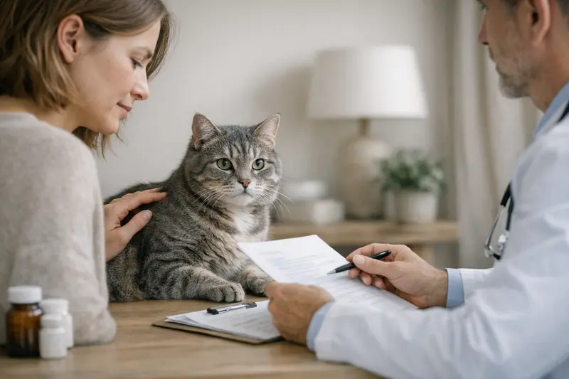 Katzenversicherung bei Vorerkrankungen Katzenhalterin betrachtet die Gesundheitsakte ihrer Katze mit Vorerkrankungen.