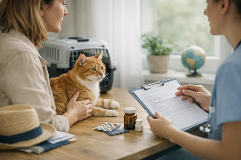 Hundefreund auf Reisen, der nach den besten Tarifdetails für eine Tierkrankenversicherung fragt.