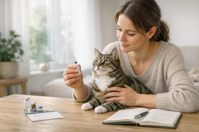 Diskussion über Katzenimpfungen Katzenbesitzerin mit ihrer Katze beim Tierarzt, um Impfungen zu besprechen.
