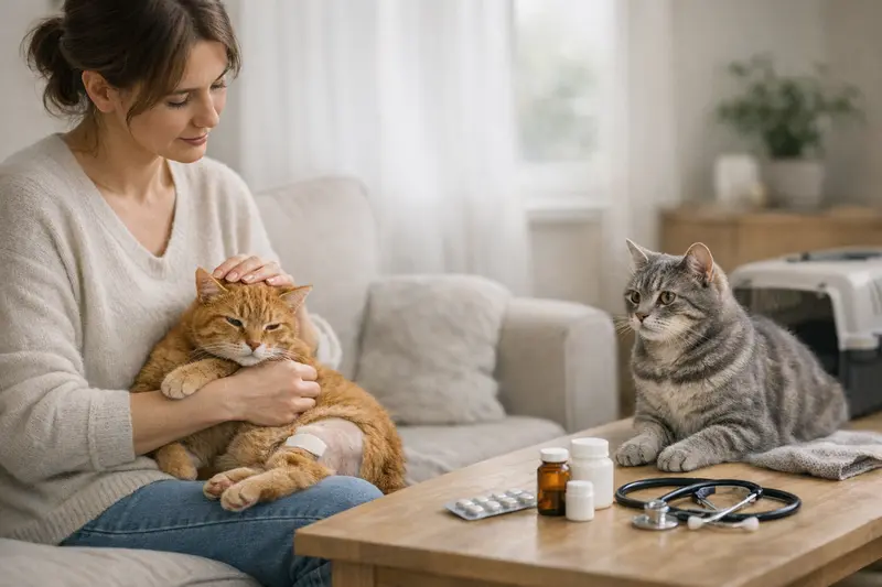 Eine Katze untersucht ihre Umgebung, während eine Tierärztin auf einem Tablet Informationen zu Katzenversicherungen abruft.