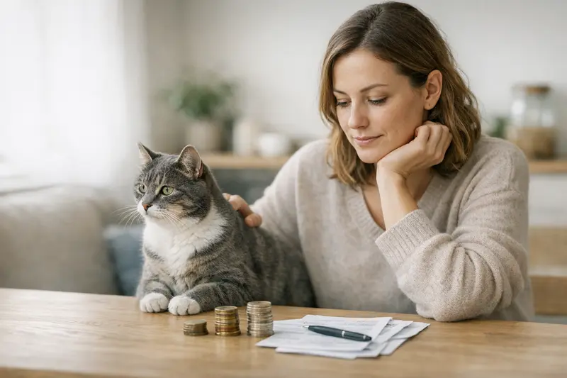 Selbstbeteiligung in der Katzenversicherung Katzenhalterin betrachtet die Versicherungsbedingungen für die Selbstbeteiligung.
