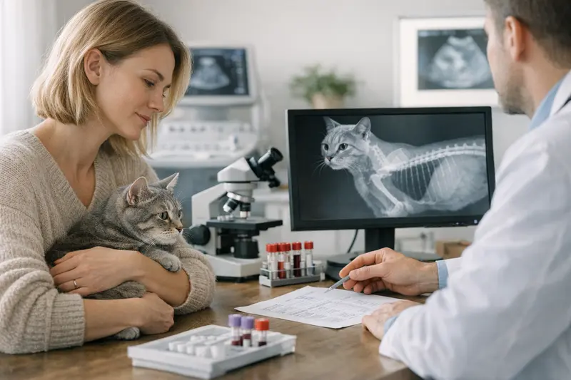 Eine Katze beim Tierarzt für Diagnostikuntersuchungen wie Bildgebung.
