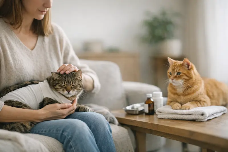 Untersuchung einer Katze beim Tierarzt Eine Katze beim Tierarzt, die auf eine Untersuchung vorbereitet wird, um den Unterschied zwischen OP-Schutz und Vollschutz zu verdeutlichen.