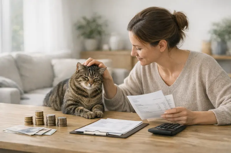 Katzenversicherung und Selbstbeteiligung Eine Katze sitzt auf einer Tierarztpraxis-Schranke, während eine Besprechung über Selbstbeteiligungen in der Katzenversicherung stattfindet.