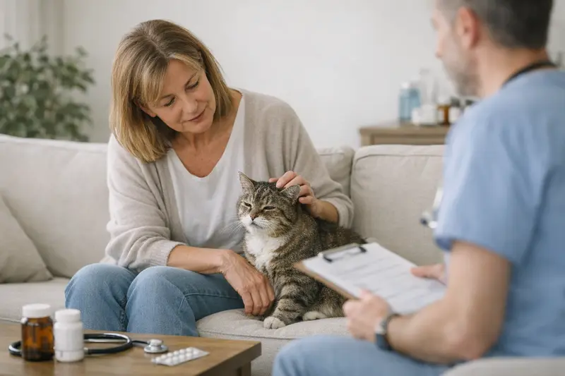 Ältere Katze beim Tierarzt Eine ältere Katze untersucht beim Tierarzt mit Hilfe eines Arztes