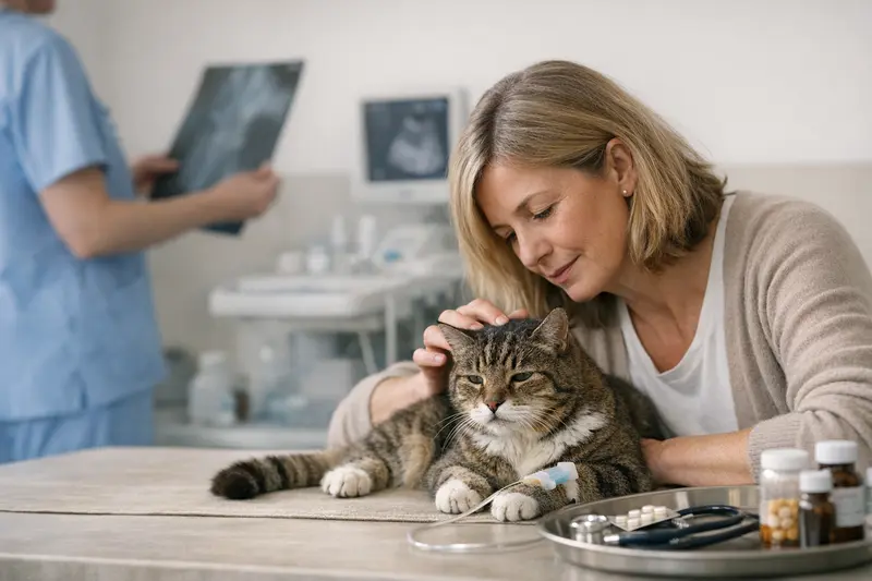 Erstattungsfähige Tierarztkosten für Katzen Ein Tierarzt konsultiert einen Katzenbesitzer über erstattungsfähige Tierarztkosten.