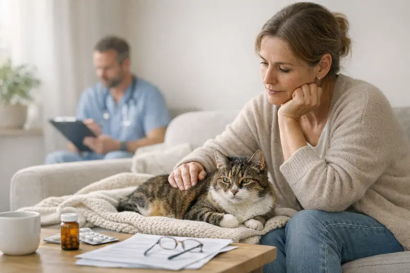 Senior-Katze Vorerkrankungen Tierarztbesuch Senior-Katze mit Vorerkrankungen während einer Untersuchung beim Tierarzt.