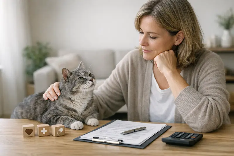 Ein Tierhalter vergleicht verschiedene Tierarztkosten und Versicherungstarife für seine Katze.