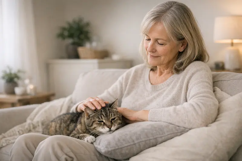 Ältere Katze entspannt auf einem Sofa, Symbol für Versicherungsfragen bei Seniorenkatzen.