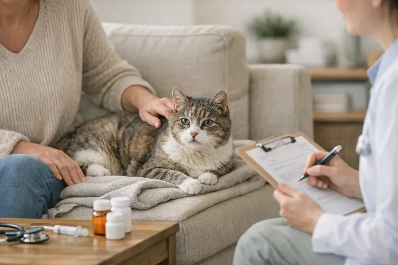 Tierarztuntersuchung einer Senioren-Katze Eine ältere Katze wird von einem Tierarzt untersucht, um ihre Gesundheitsbedürfnisse zu ermitteln.