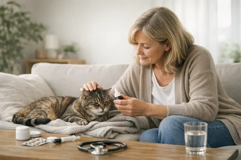 Tierärztliche Untersuchung älterer Katzen Ältere Katze wird tierärztlich untersucht, während der Halter Fragen zu Vorsorgeleistungen stellt.