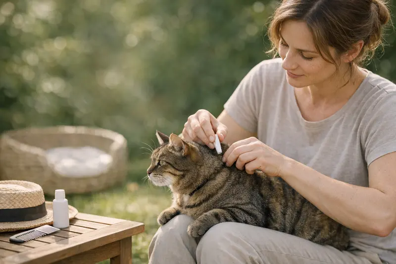 Eine Katze, die vorsorglich auf einem grünen Rasen spielt, symbolisiert die Wichtigkeit der Parasitenprophylaxe.