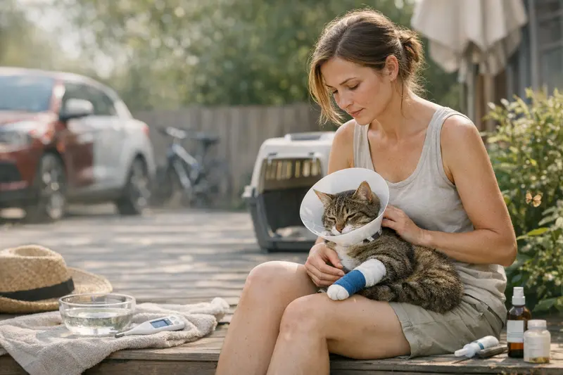 Katzen und Sommer-Risiken Katzengesundheit: Eine Katze entspannt im Schatten während heißer Sommermonate, um Hitzeproblemen vorzubeugen.
