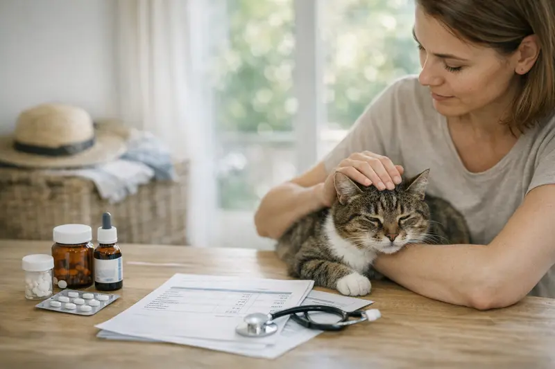 Eine Katze untersucht eine Tierarztpraxis, wobei der Fokus auf den Kosten und Selbstbeteiligungen liegt.