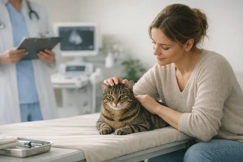 Eine Katze wird von einem Tierarzt untersucht, um Tierarztkosten abzusichern.