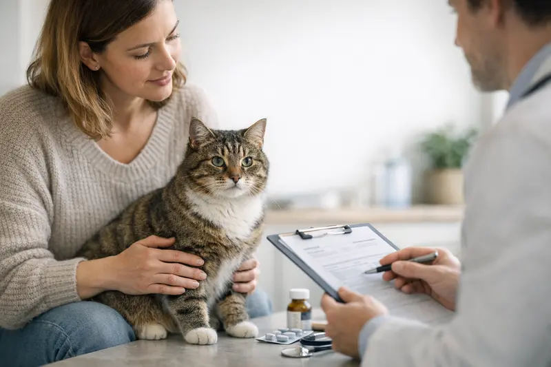 Tierarztkosten Katzenversicherung Eine Katze beim Tierarzt, umgeben von medizinischen Unterlagen zur Kostenabsicherung.