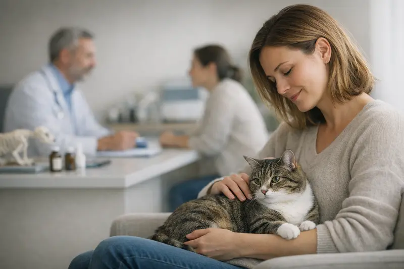 Eine Katze wird beim Tierarzt untersucht, während die Besitzerin über die Kosten und Versicherungsmöglichkeiten nachdenkt.