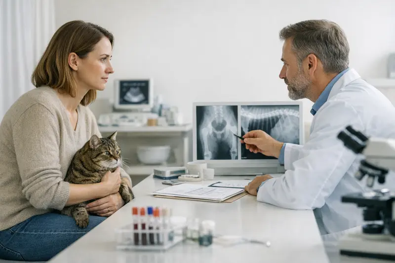 Diagnostik bei Katzen: Wichtige Hinweise zur Kostenstruktur Tierarzt bei der Untersuchung einer Katze mit unklaren Symptomen.