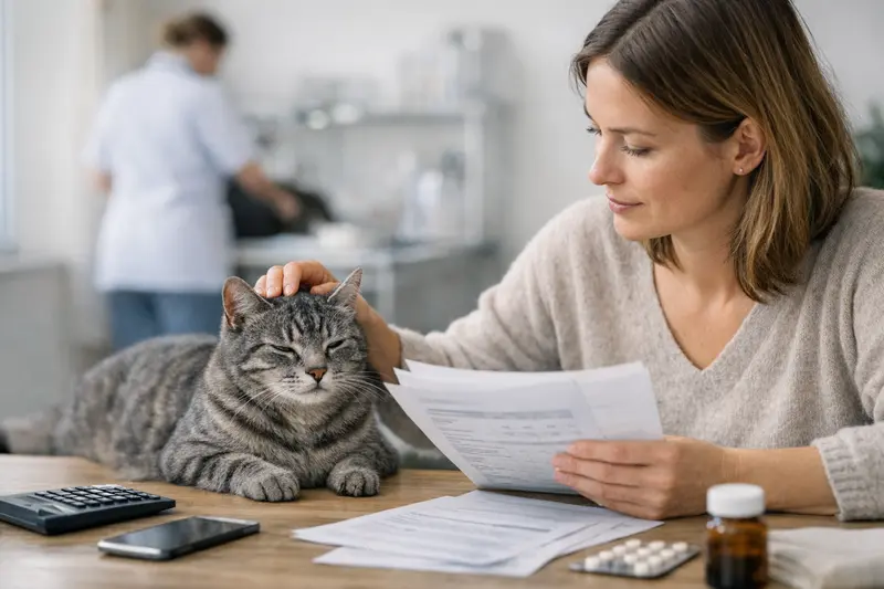 Tarifvergleich Katzenversicherung Ein Katzenhalter studiert verschiedene Versicherungstarife für seine Katze.