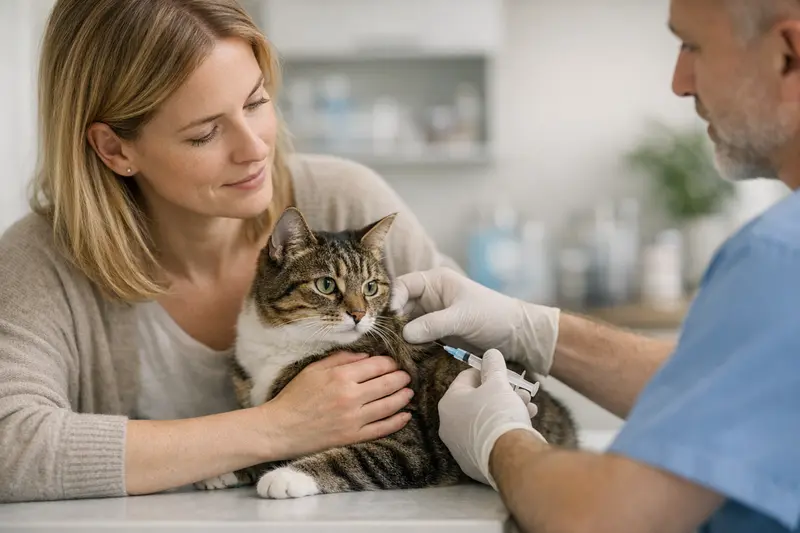Katzengesundheit und Vorsorgeimpfungen Ein Katzenbesitzer bringt seine Katze zum Tierarzt für eine Impfungsuntersuchung.