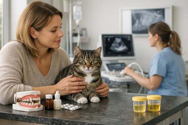 Katzen Tierarztkosten Eine Katze beim Tierarzt, die auf Symptome von Magen-Darm-Problemen untersucht wird.