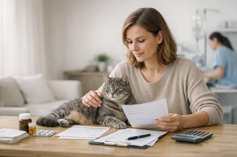 Tarifvergleich Katzenversicherung Katzenhalter vergleicht verschiedene Tarife für eine Katzenversicherung am Laptop.