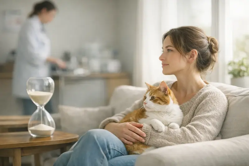 Katzengesundheit und Versicherungsschutz Einfühlsame Katzenbesitzerin beobachtet ihre Katze bei einem Tierarztbesuch, Bedürfnisse der Katze im Blick.