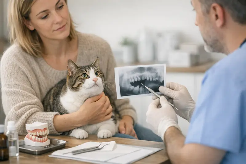 Zahnbehandlungen bei Katzen Eine Katze beim Tierarzt zur Zahnuntersuchung mit hochwertigen Instrumenten.