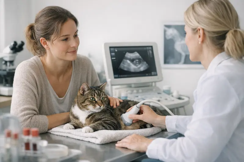 Diagnostik in der Katzenversicherung Tierärztin erklärt einer Katzenbesitzerin die Diagnosemöglichkeiten wie Laboruntersuchungen.