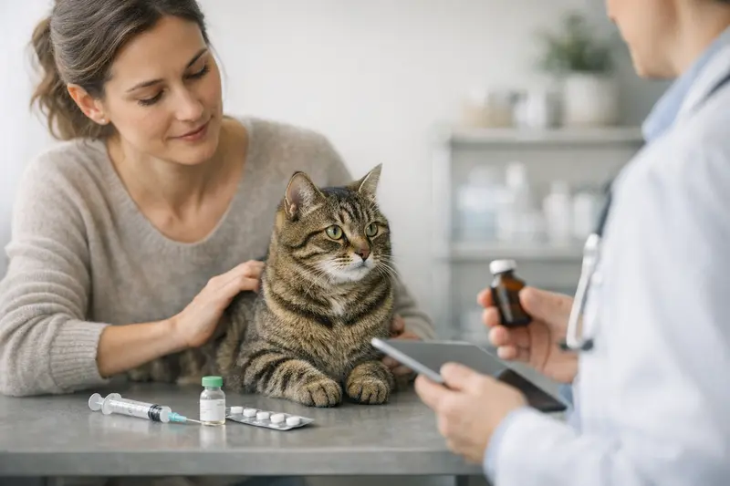 Katzenimpfung und Vorsorgeuntersuchung Katzenbesitzerin mit ihrer Wohnungskatze beim Tierarzt für Impfungen